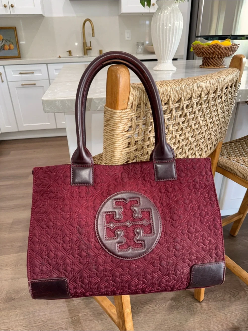 Tory Burch Burgundy Wine Quilted Nylon And Leather Ella Damask Tote Handbag